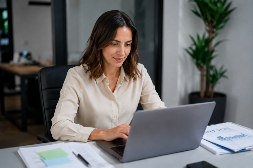 Mujer trabajando evalúa y encuentra formador en IA